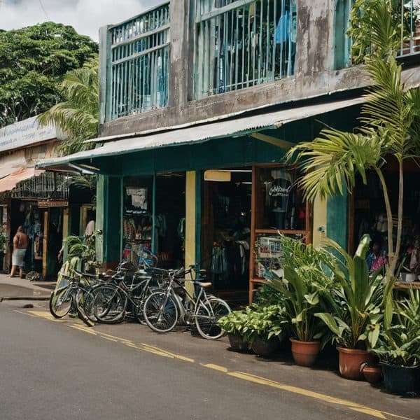 Fiji local market with bicycles and lush greenery outside shops.