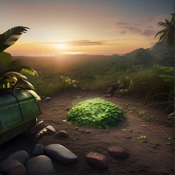 Sunset view over tropical landscape with greenery and rocks in Fiji.