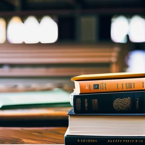 Legal books stacked on a wooden table in a library setting.