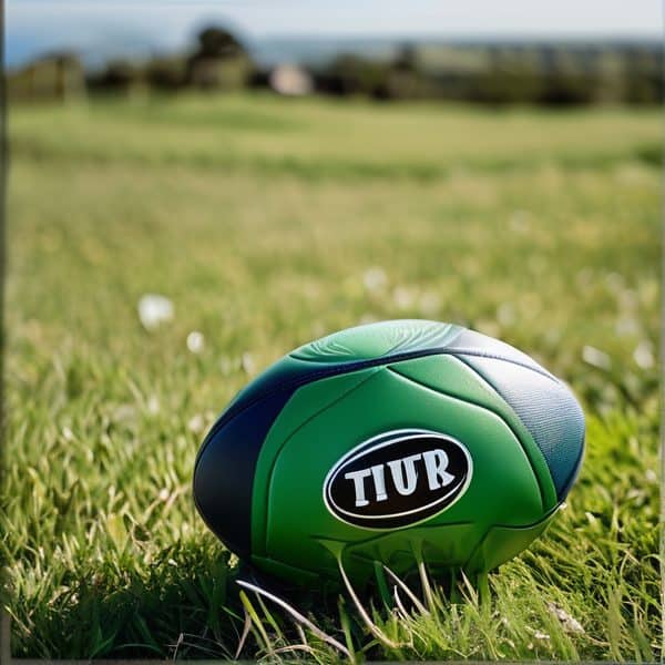 Rugby ball with Fiji's TIUR logo on a grassy field.