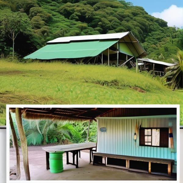 Rural house with green roof in lush landscape, interior with wooden furniture and tropical decor.
