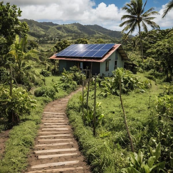 House with solar panels in tropical countryside, Fiji.