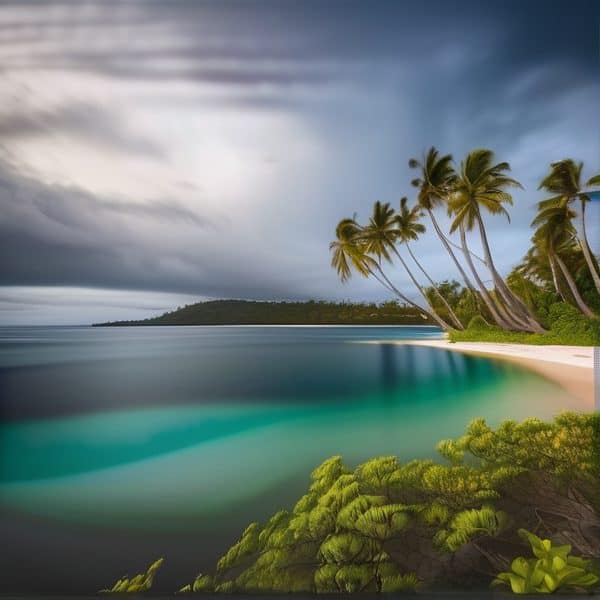 Beautiful tropical beach with swaying palm trees and turquoise water under a cloudy sky.
