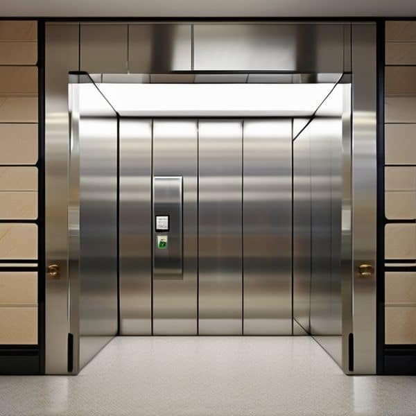 Elevator with stainless steel doors and modern design, located in a commercial building.
