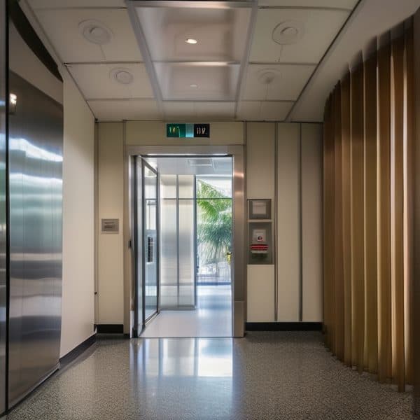 Elevator lobby with glass doors and modern design elements.
