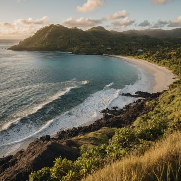 Scenic Fiji beach with lush mountains and turquoise waters.