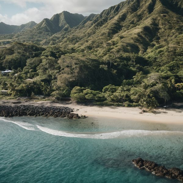 Beach with lush green mountains and clear blue waters in Fiji.