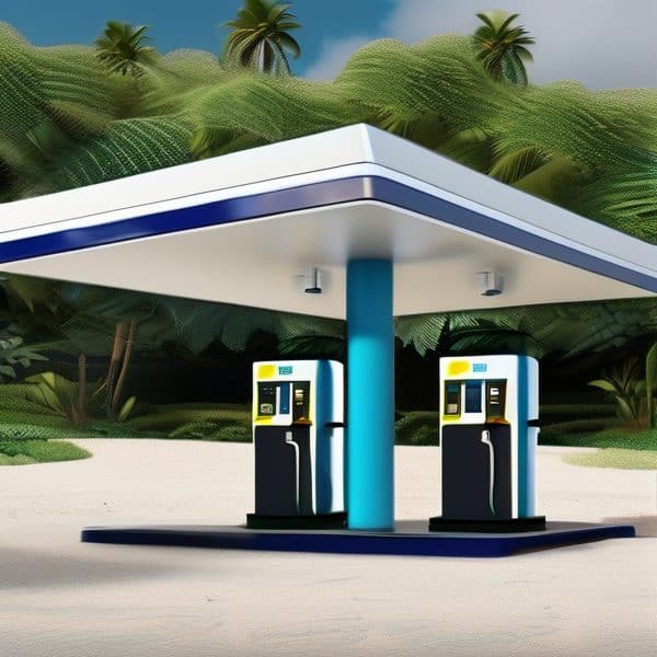 Gas station with two fuel pumps in a lush, tropical environment with palm trees.