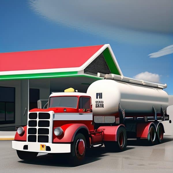 Gas station with a fuel truck in Fiji, showcasing transportation infrastructure.