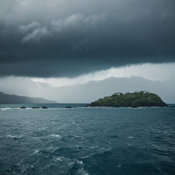 Fiji island under stormy skies with turbulent ocean and dark clouds overhead.