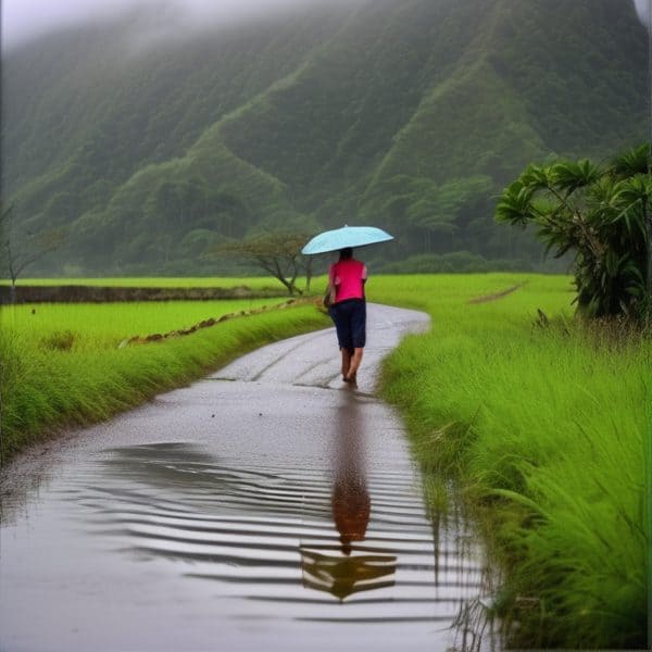 Woman walking with umbrella through lush green rice fields after rain in Fiji.