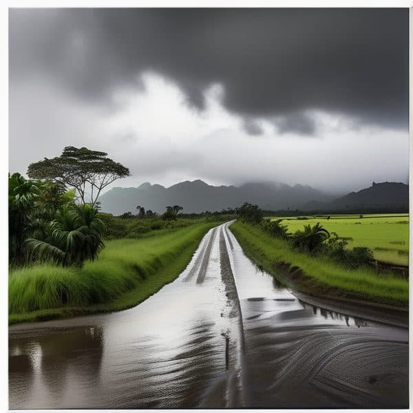 Rural road in Fiji during heavy rain with dark storm clouds overhead.