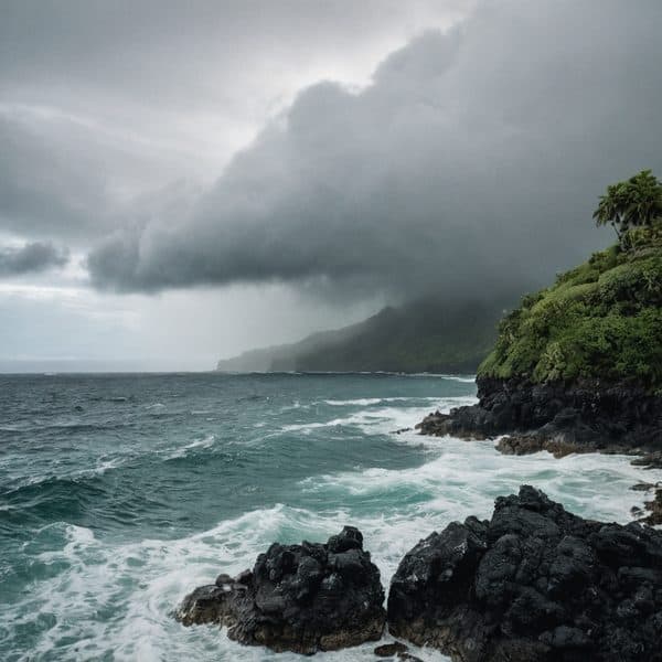 Stormy weather over Fiji coastline with dark clouds and rough sea waves.