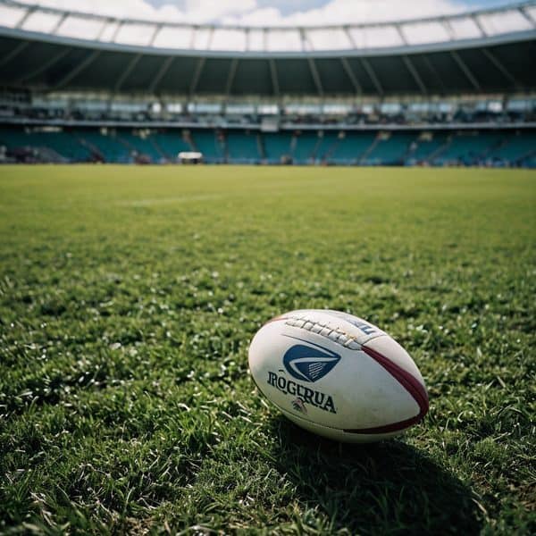 Rugby ball with Fiji Rugby logo on a grass field in a stadium.
