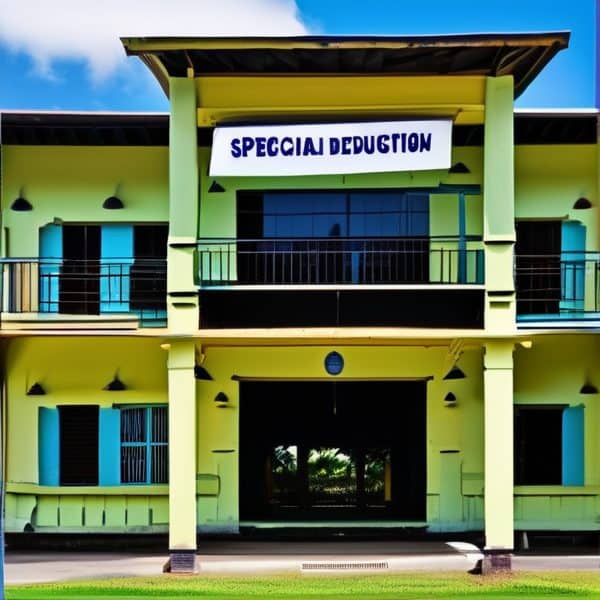 Government building with "Special Deduction" sign in Fiji, vibrant yellow exterior, modern architect.