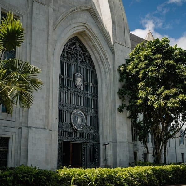 Historic government building with ornate iron gates and lush greenery.