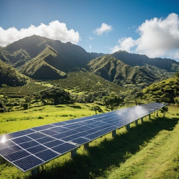 Solar panels in a lush green valley with mountains in the background.