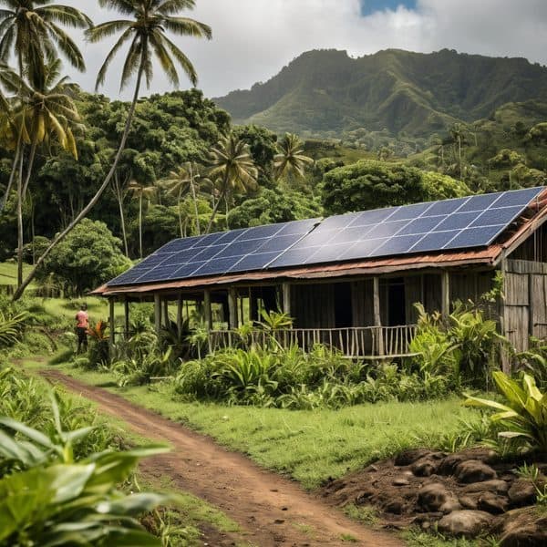 Rural Fijian home equipped with solar panels amidst lush greenery and tropical landscape.