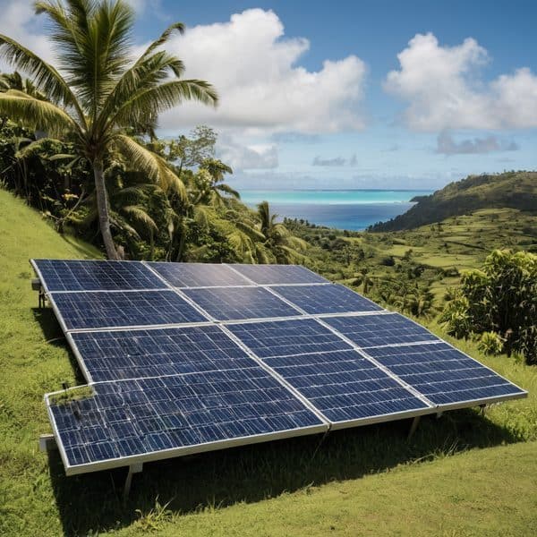 Solar panels harness renewable energy in Fiji's lush landscape.