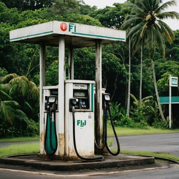 Fuel pump at Fiji fuel station with lush tropical background.