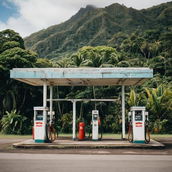 Gas station with three pumps in a tropical environment with dense greenery and mountains in the back.