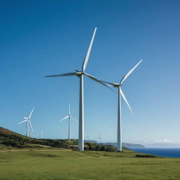 Wind turbines generating renewable energy in a scenic coastal landscape.