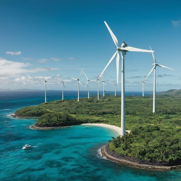 Wind turbines on lush green coastline with ocean in background.