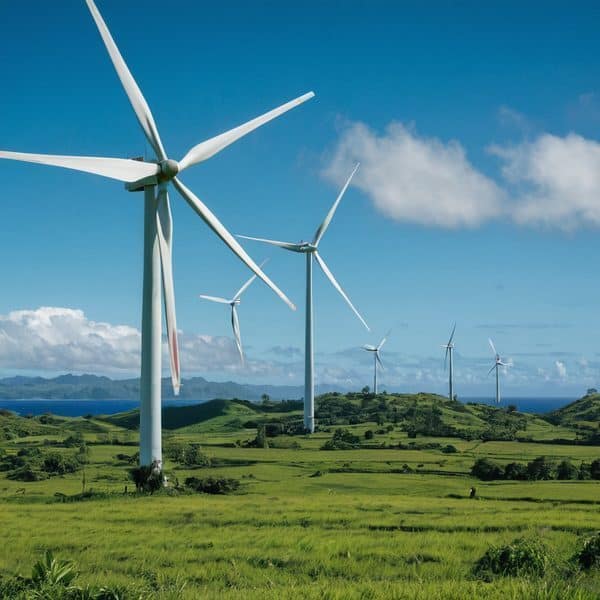 Wind turbines on green hills in Fiji for renewable energy.