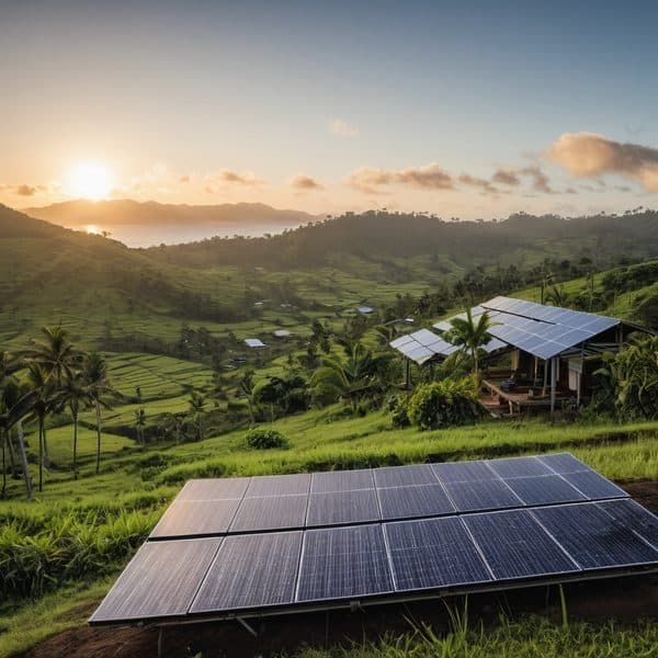 Solar panels on lush green hillside in Fiji at sunrise.