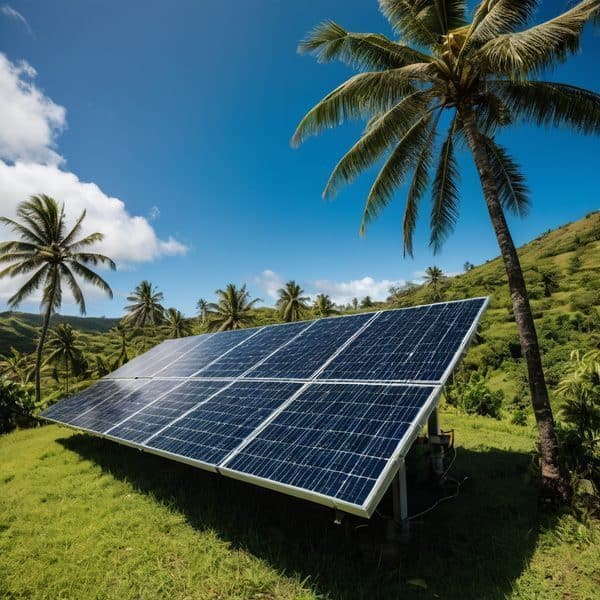 Solar power panel installed among palm trees in Fiji's lush landscape.