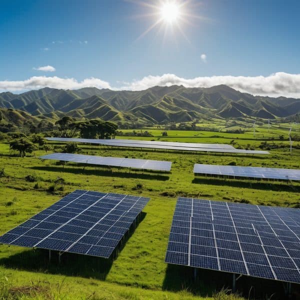 Solar panels installed on green fields under bright sun in Fiji.