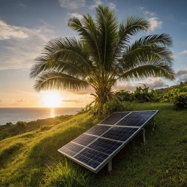 Solar panels on lush green hillside with palm trees at sunset in Fiji.