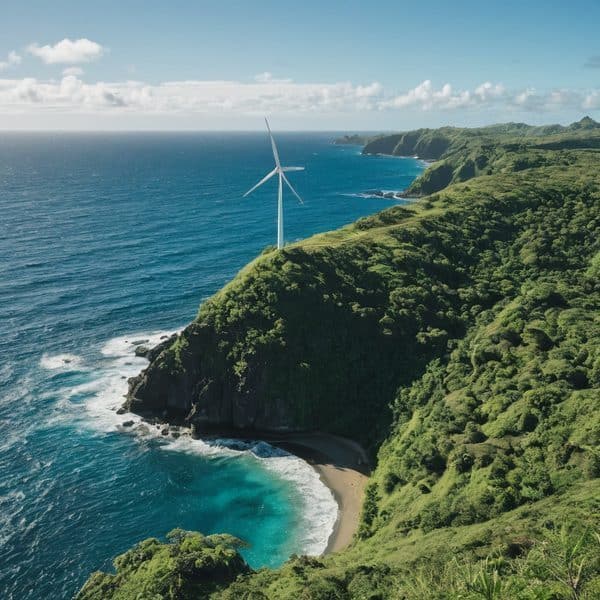 Wind turbine on lush coastal cliffs in Fiji, renewable energy source.