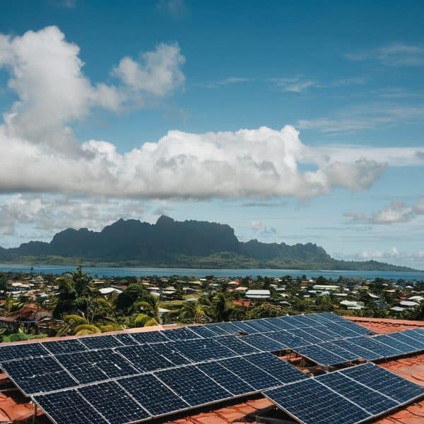 Solar panels on rooftops in Fiji for renewable energy.