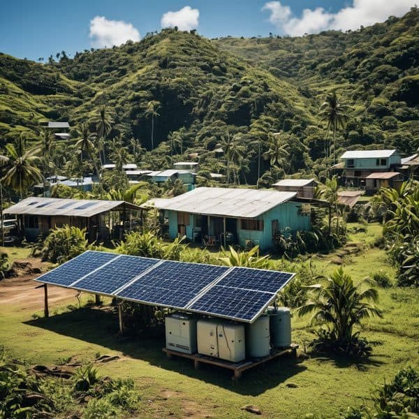 Solar power system in a rural Fijian village with lush green hills in the background.