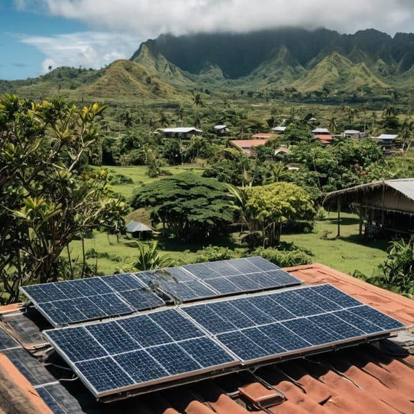 Solar panels on a rural house roof in Fiji with lush green mountains in the background.