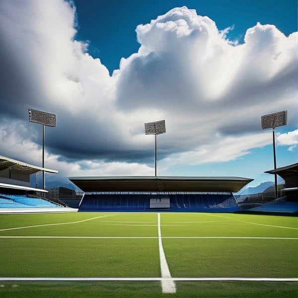 Stadium with floodlights and empty seats under a partly cloudy sky.