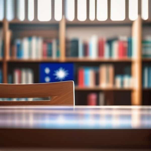 Library with bookshelves and a wooden table in a cozy reading space.