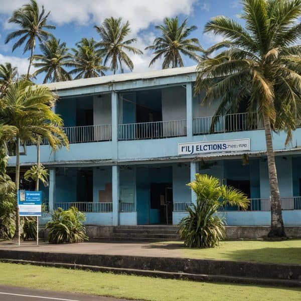 Fiji Elections Office building surrounded by palm trees in Fiji.