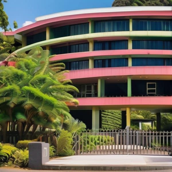 Modern multi-story building with colorful exterior in Fiji.