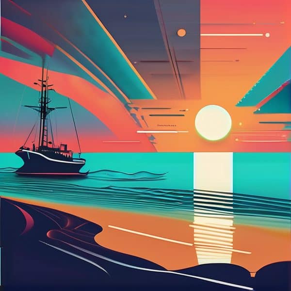 Sunset over the ocean with a sailing ship and vibrant sky colors.