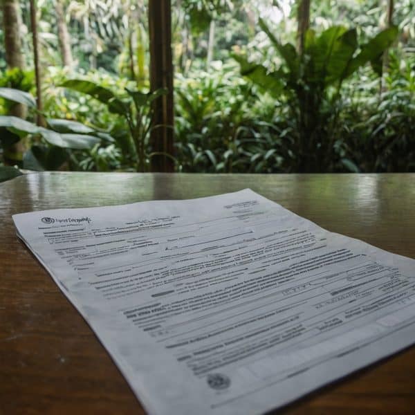 Official Fiji government document on a wooden table with lush greenery background.