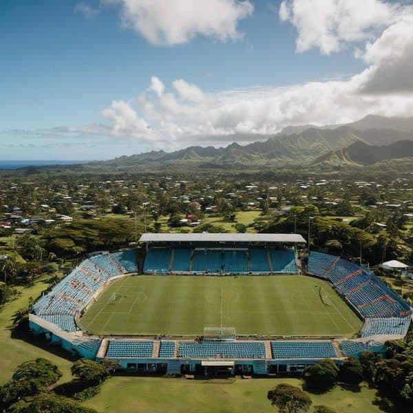 Fiji National Stadium in Suva, surrounded by lush mountains and greenery.
