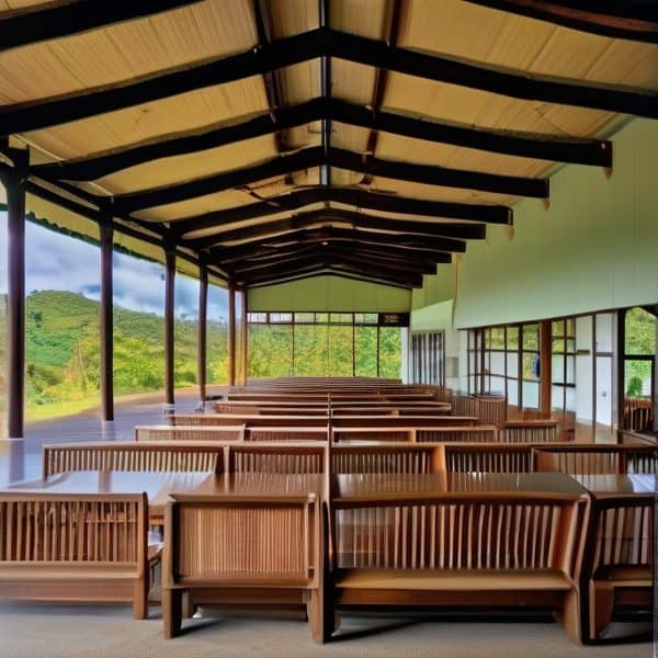 Traditional Fijian open-air dining pavilion with wooden furniture.