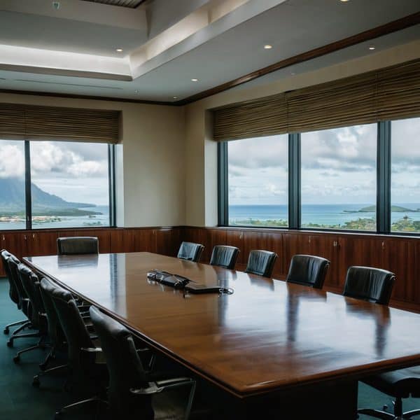 Conference room with large windows overlooking the ocean in Fiji.