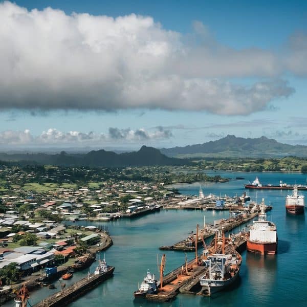 Fiji harbor with ships and boats, scenic coastal view with lush mountains in the background.