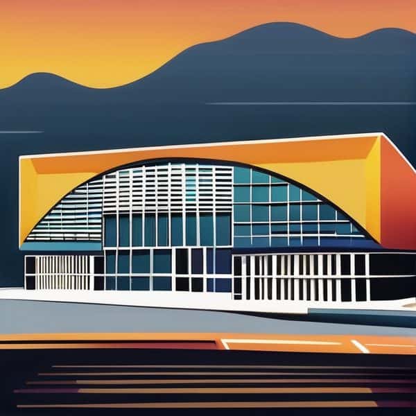 Modern Fiji Global News office building with vibrant colors and unique architecture.