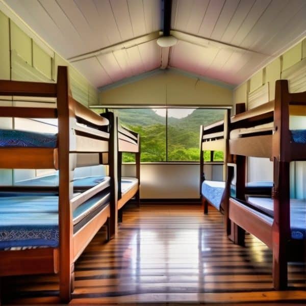 Bunk beds in a cozy dormitory overlooking lush green mountains and a large window.