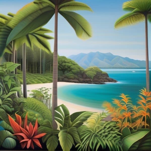 Beautiful tropical beach with vibrant greenery and clear blue waters.