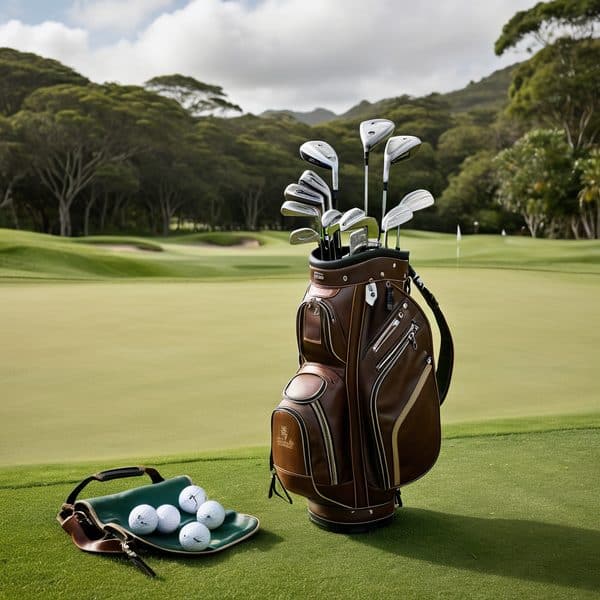 Golf clubs and balls on a golf course fairway.